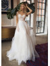 Boho Beaded Ivory Lace Tulle Sheer Pearl Buttons Back Wedding Dress